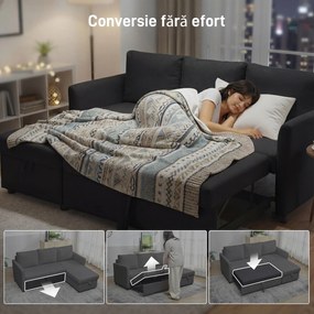 HOMCOM Canapea Extensibilă cu 3 Locuri și Șezlong Convertibil, Canapea de Colț Pliabilă cu Compartiment de Depozitare și 3 Perne Detașabile, Material Textil cu Efect de In, Living, 192x148x86cm, Gri Închis | Aosom Romania