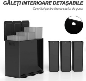 HOMCOM Coș de Gunoi cu 3 Secțiuni de 20L cu Pedală și 2 Capace cu Închidere Silențioasă, Coș de Gunoi din Oțel Inoxidabil și PP, 61.9x36.6x56.7 cm, Negru | Aosom Romania