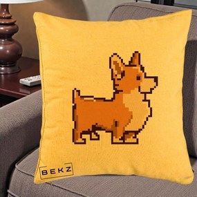 Perna Personalizata Corgi Pixel Art, 40x40 cm, Galben, Husa Detasabila, Perna Inclusa, BEKZ®