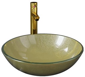 Chiuveta baie cu robinet si scurgere tip push, sticla aurie Auriu, Robinet auriu