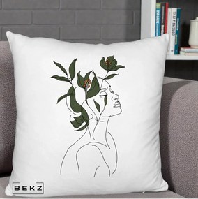 Perna Decorativa Portret Feminin Crin Verde, 40x40 cm, Alb Pufos, Husa Detasabila, Perna Inclusa, BEKZ®
