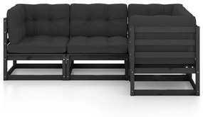 Set mobilier de gradina cu perne, 4 piese, lemn masiv de pin Negru, 1, Da