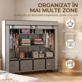 HOMCOM Dulap Portabil din Material Textil și Oțel, Garderobă cu 10 Rafturi, 4 Sertare și 2 Bare, 166x42,5x169,5 cm, Gri | Aosom Romania