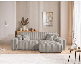 Colțar gri deschis extensibil, cu spațiu de depozitare, cu tapițerie din catifea reiată (cu colț pe partea dreaptă) Sarina – Ropez