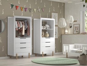 Set mobilier pentru copii mici SMILE, alb, pat 70 x 140 cm cu balustradă de protecție și dulap cu baretă pentru haine și 3 sertare – Vipack