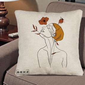 Perna Decorativa Portret Feminin Mac Privire Inalta, 40x40 cm, Bej Canapea, Husa Detasabila, Perna Inclusa, BEKZ®