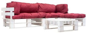 Set mobilier gradina din paleti cu perne rosii, 4 piese, lemn alb si rosu, 4