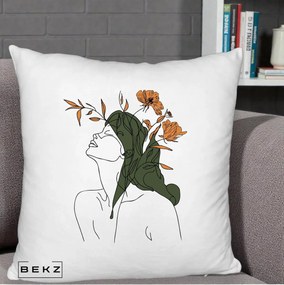 Perna Decorativa Portret Feminin Profil Flori Portocalii, 40x40 cm, Alb Pufos, Husa Detasabila, Perna Inclusa, BEKZ®
