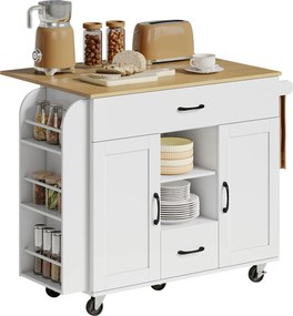 HOMCOM Insulă de bucătărie pe roți, blat extensibil, uși de dulap Soft-Close, sertare, suport pentru prosoape, MDF, Alb | Aosom Romania
