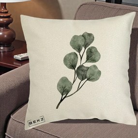 Perna Decorativa Ramura Eucalipt Acuarela, 40x40 cm, Ecru, Husa Detasabila, Perna Inclusa, BEKZ®