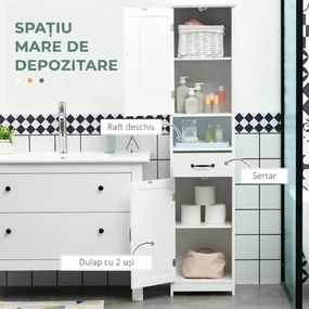 kleankin Dulap Modern pentru Baie, Mobilier Îngust cu Raft Deschis, Sertar, Uși Încastrate și Rafturi Ajustabile Alb | Aosom Romania