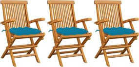 vidaXL Scaune grădină cu perne albastru deschis 3 buc. lemn masiv tec