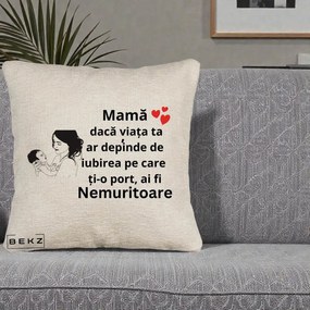 Cadou pentru Mama - Perna Personalizata Mama Nemuritoare Imbratisare Copil, 40x40 cm, Bej Canapea, Husa Detasabila, Perna Inclusa, BEKZ®