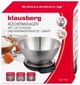 Cantar de bucatarie cu bol Klausberg KB 7939, 5 Kg, Bluetooth, Aplicatie mobila, LED, Tare, Lichide, 4 valori nutritive, Inox