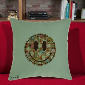 Perna Decorativa Smiley Face de Toamna cu Tartan si Dovlecei, 40x40 cm, Verde, Husa Detasabila, Perna Inclusa, BEKZ®