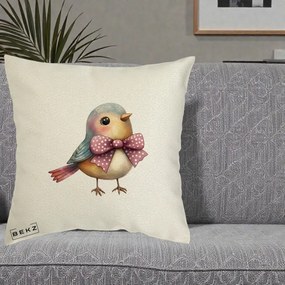 Perna Decorativa Pasare Bleu cu Fundita Roz, 40x40 cm, Ecru, Husa Detasabila, Perna Inclusa, BEKZ®