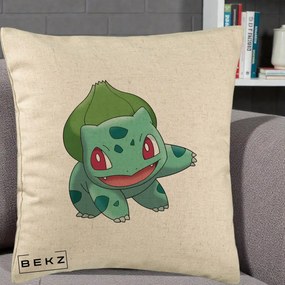 Perna Personalizata Bulbasaur Pokemon, 40x40 cm, Bej, Husa Detasabila, Perna Inclusa, BEKZ®
