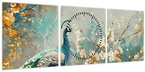 Tablou - Păun cu decor de aur (cu ceas) (90x30 cm)