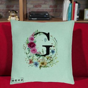 Cadou Personalizat - Perna Personalizata Monogram Litera G cu Flori Acuarela, 40x40 cm, Verde Menta, Husa Detasabila, Perna Inclusa, BEKZ®