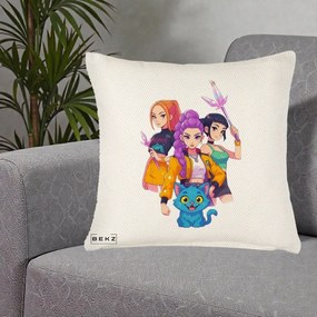 Perna Personalizata K-pop HUNTRX Trio cu Pisica si Cristale, 40x40 cm, Crem Reliefat, Husa Detasabila, Perna Inclusa, BEKZ®