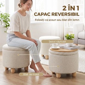 HOMCOM Taburet Rotund cu Spațiu de Depozitare, Capac, 19 L, Material Textil cu Aspect de Iută, 38,5x38,5x33,5 cm, Bej | Aosom Romania