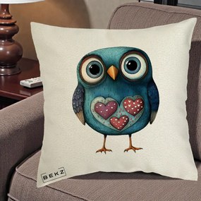 Perna Decorativa Bufnita Teal cu Doua Inimi, 40x40 cm, Ecru, Husa Detasabila, Perna Inclusa, BEKZ®