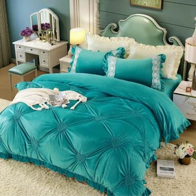 Lenjerie de pat din catifea, cu broderie, pat 2 persoane, turquoise, 4 piese, CCJ-07