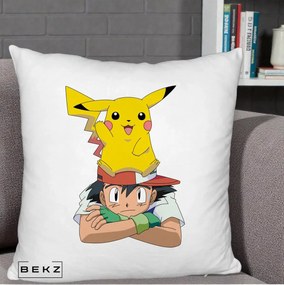 Perna Personalizata Ash si Pikachu, 40x40 cm, Alb Pufos, Husa Detasabila, Perna Inclusa, BEKZ®