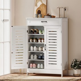HOMCOM Pantofar pentru Hol cu 2 Uși cu Lamele, 5 Niveluri, Rafturi Reglabile, pentru 20 Perechi de Pantofi, 78x37x115,8 cm, Alb | Aosom Romania