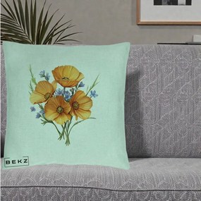 Perna Decorativa Maci Portocalii cu Floricele Albastre, 40x40 cm, Verde Menta, Husa Detasabila, Perna Inclusa, BEKZ®