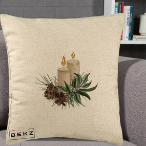 Perna Decorativa Lumanari cu Ilex si Conuri Ilustratie, 40x40 cm, Bej, Husa Detasabila, Perna Inclusa, BEKZ®