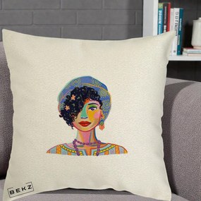 Perna Decorativa Portret Femeie Etnic Colorat, 40x40 cm, Ecru, Husa Detasabila, Perna Inclusa, BEKZ®
