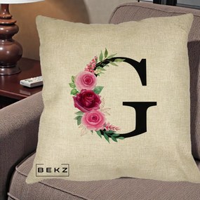 Cadou Personalizat - Perna Personalizata Monograma Florala Litera G, 40x40 cm, Crem, Husa Detasabila, Perna Inclusa, BEKZ®