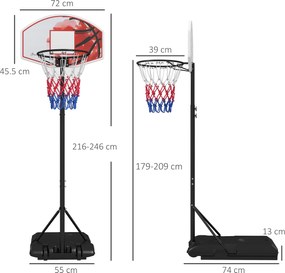 SPORTNOW Coș de baschet cu înălțime reglabilă, independent, cu plasă și roți, bază mare, 179-209 cm, plastic, oțel | Aosom Romania