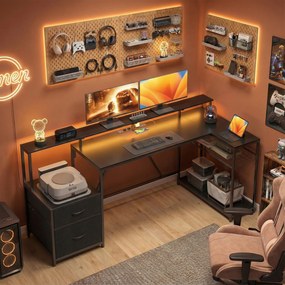 HOMCOM Birou Gaming Reversibil în Formă de L cu LED, Birou Colțar 192,5 cm cu Prize Electrice, Suport Monitor și CPU, 2 Sertare din Material Textil pentru Documente A4/Legal, pentru Acasă sau Birou, Negru | Aosom Romania