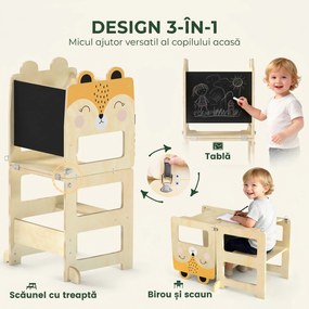 Turn Montessori AIYAPLAY pentru Copii 2-5 Ani cu Tablă și Măsuță, Scăunel pentru Copii din Placaj, 57x39x93 cm, Culoare Lemn | Aosom Romania