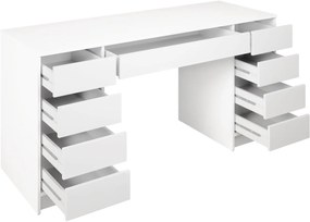 BIA8 - Birou 154 cm, masa de calculator cu 9 sertare, office - Alb / Negru / Crem / Alb Lucios / Gri / Culoarea Stejar