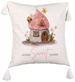 Perna Decorativa cu Franjuri, Model Home Sweet Home 1, 45x45 cm, Ecru, Cu fermoar