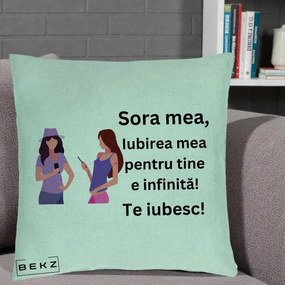 Cadou pentru Sora - Perna Personalizata Sora Mea Te Iubesc Doua Fete cu Telefoane, 40x40 cm, Verde Menta, Husa Detasabila, Perna Inclusa, BEKZ®