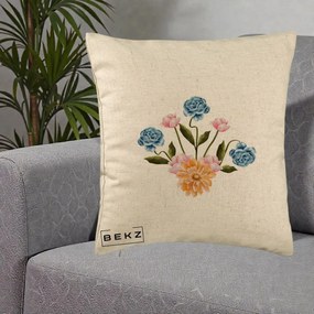 Perna Decorativa Buchet Primavara Acuarela, 40x40 cm, Bej, Husa Detasabila, Perna Inclusa, BEKZ®