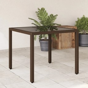 vidaXL Masă de grădină cu blat din sticlă, maro, 90x90x75cm, poliratan
