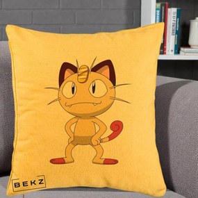 Perna Personalizata Meowth Pokemon, 40x40 cm, Galben, Husa Detasabila, Perna Inclusa, BEKZ®