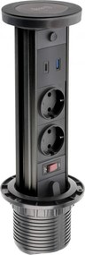 Priză încorporabilă în blat Camino GTV, încărcător wireless 10W, 2 prize Schuko, USB A + C, negru, D:80 mm D:80 mm, Aluminiu/Plastic, Negru