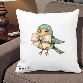 Perna Decorativa Pasare Teal cu Fundita cu Buline, 40x40 cm, Alba Mata, Husa Detasabila, Perna Inclusa, BEKZ®