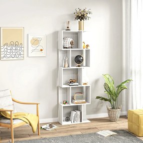 HOMCOM Raft pentru Cărți cu 5 Rafturi Separate, Bibliotecă în Formă de S din Lemn, 60x24x184,5 cm, Alb | Aosom Romania
