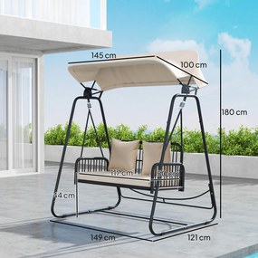 Outsunny Hollywoodschaukel din ratan pentru 2 persoane, cu acoperiș reglabil, perne, cu o capacitate de încărcare de până la 240 kg, 149 x 121 x 180 cm, kaki | Aosom Romania