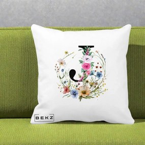 Cadou Personalizat - Perna Personalizata Monogram Litera J cu Flori Acuarela, 40x40 cm, Alba Mata, Husa Detasabila, Perna Inclusa, BEKZ®