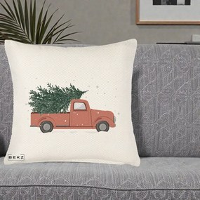 Perna Decorativa Camioneta Terracotta Brad de Craciun, 40x40 cm, Crem Reliefat, Husa Detasabila, Perna Inclusa, BEKZ®