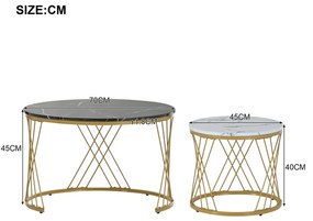 Set de Măsuțe de Cafea Moderne cu Îmbinare, Măsuțe cu Finisaj Efect de Marmură și Structură Metalică Aurie, 70x70x45 cm și 45x45x40 cm, Negru