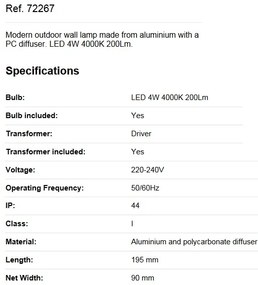 Aplica moderna pentru exterior cu protectie IP44, PAPO LED 72267